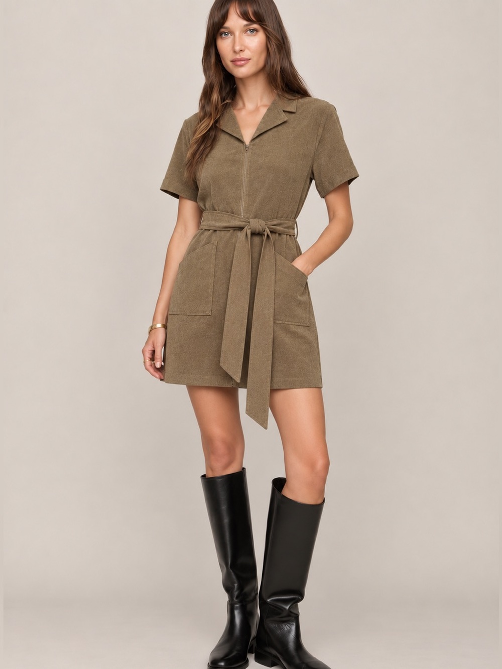 Andrée by Unit Brown/Olive Corduroy Utility Mini Dress Belted Zip Front Small